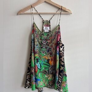 Green and multi-coloured silk Camilla cami top
